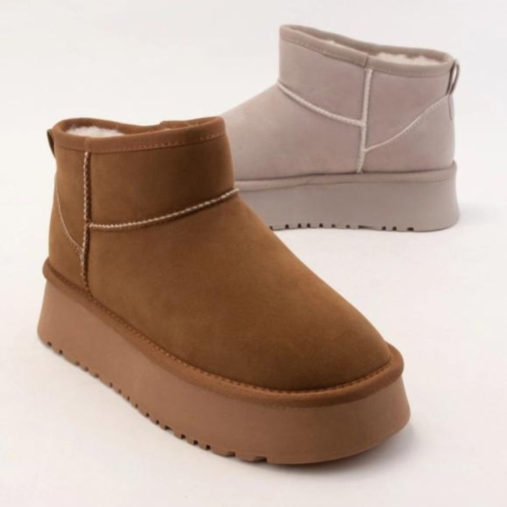 Chunky Platform Fur-Lined Micro Mini Boots "TAN"